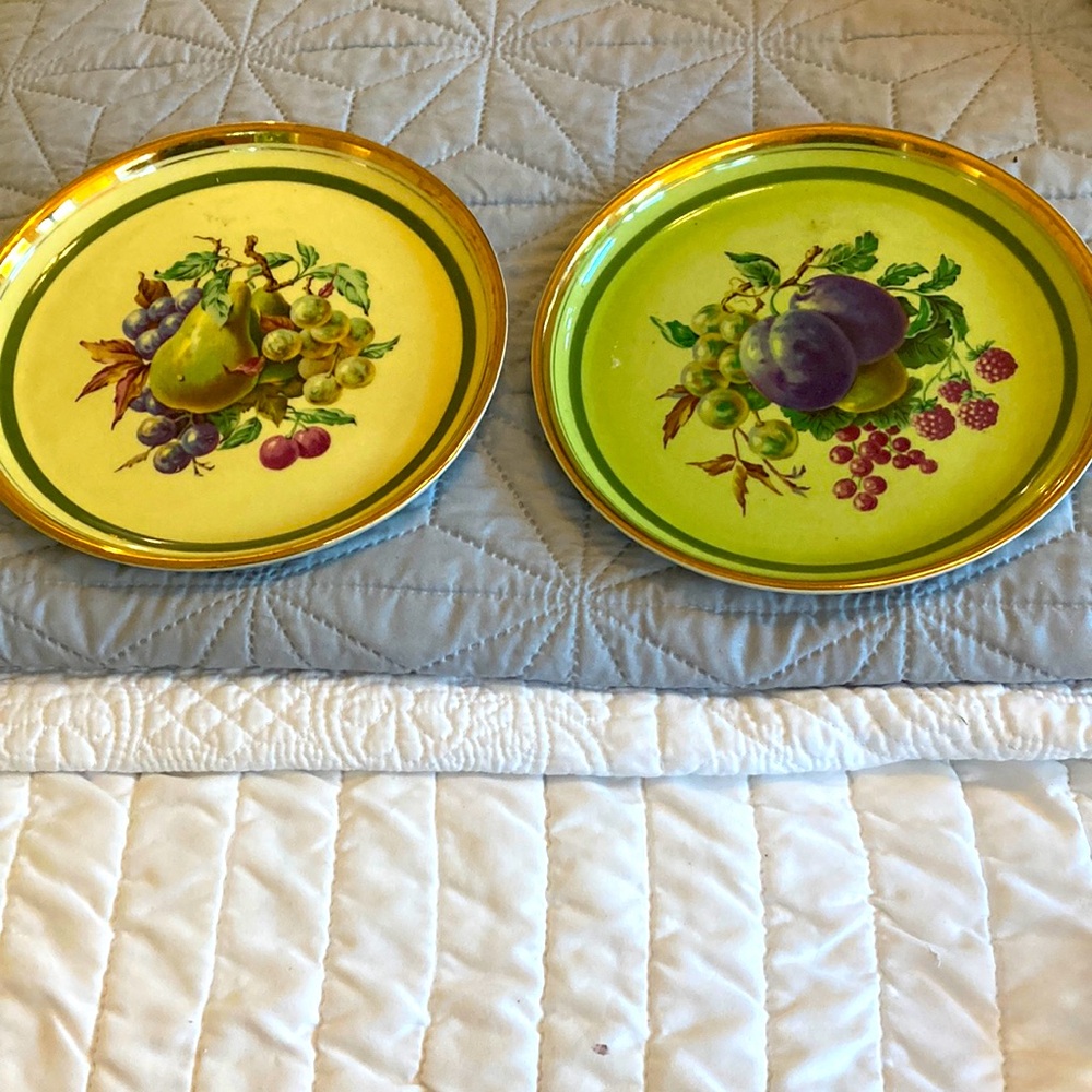 Hyalyn pottery two perfect plates. Gold rim. Pears yellow & plums green plates